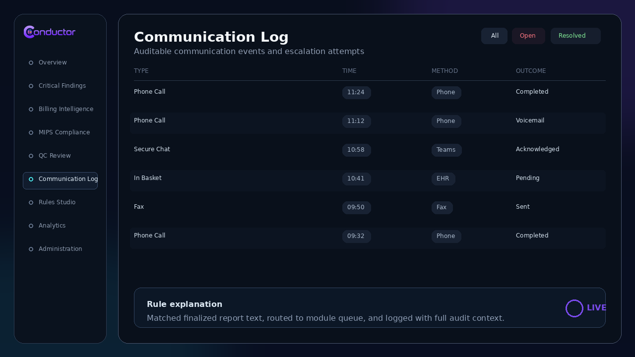 Conductor Communication Log module screenshot